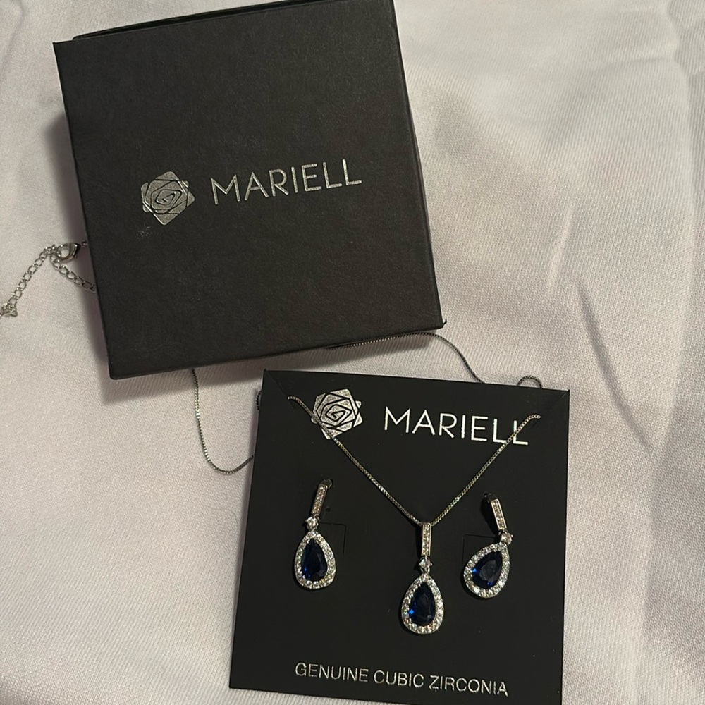 Genuine cubic, zirconia simulated, sapphire, earrings, and necklace